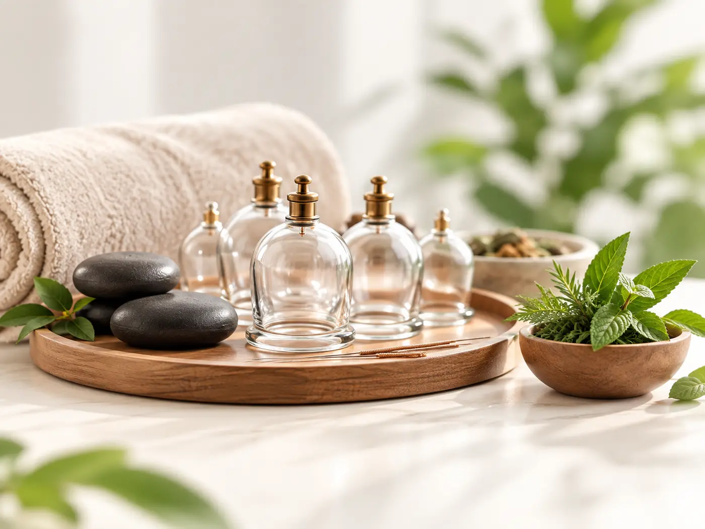 Gelas bekam, batu terapi, dan daun herbal di atas nampan kayu